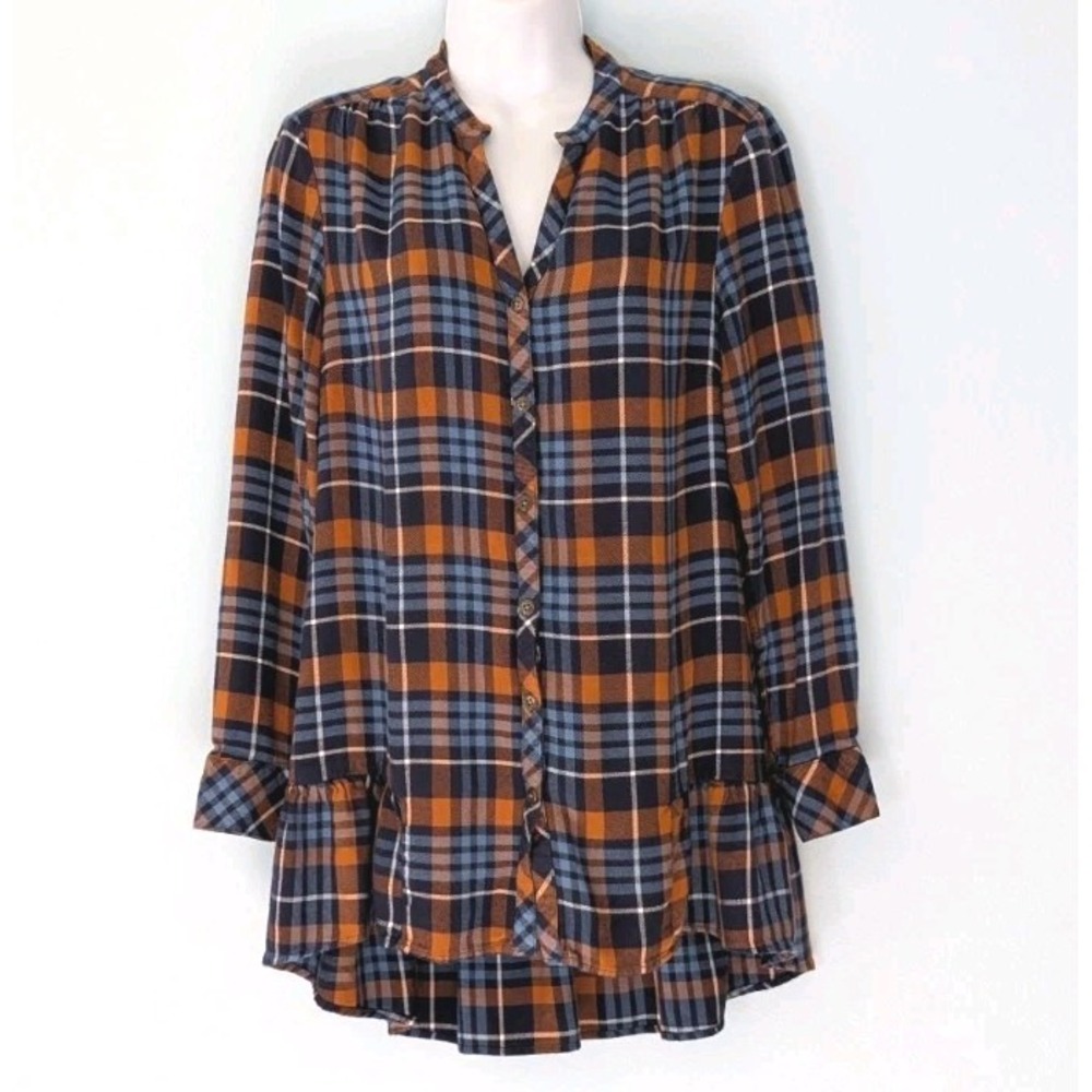 Matilda Jane Long Peplum Top Plaid Rayon Flannel Women's XS High Low Hem Soft